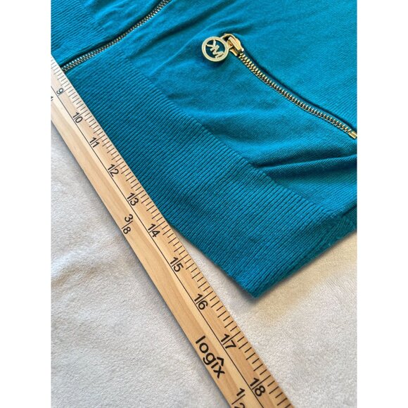 Michael Michael Kors Teal Zip-Up Cardigan With Gold Accents & Pockets M Classic - Picture 5 of 10